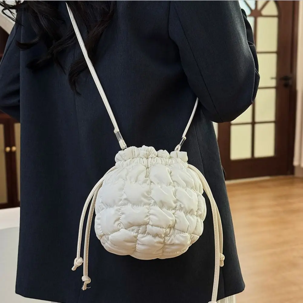 

Sweet Korean Style Drawstring Bucket Bag Handbag Purse Nylon Shoulder Bag Grid Mobile Phone Bag Cloud Bag Women