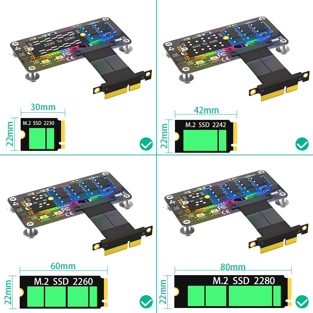 3 in 1 Combo M.2( NGFF) NVME M-key SSD to PCI- E 4X 1X Extension Cable With Cooling Fan and Automatic Discoloration LED