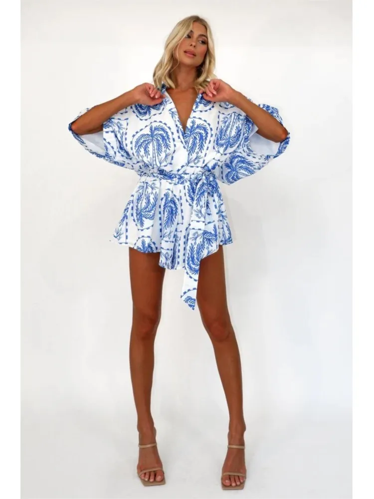 Summer Printed Chic Shorts Jumpsuits Women V-neck Loose High Waist Leace-up Bodysuits Beach Vacation Style Jumpsuit Streetwear