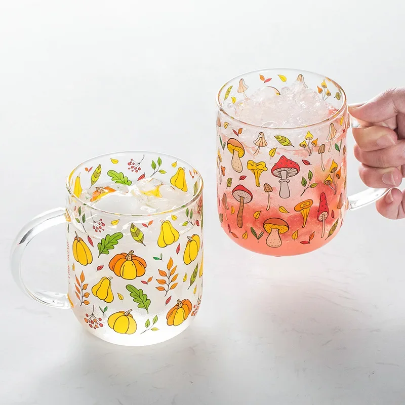 450ML Heat-Resistant with Handle Glass Breakfast Milk Cup Cute Office Home Coffee Mugs Lemon Mushroom Pumpkin Pattern Drinkware