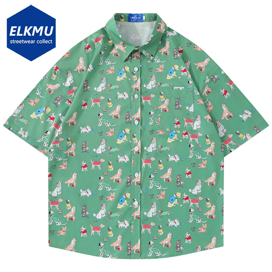 

Japanese Harajuku Overeized Shirts Cartoon Dog Printed Loose Shirts Summer Button Up Blouse Beach Hawaiian Shirts Tops