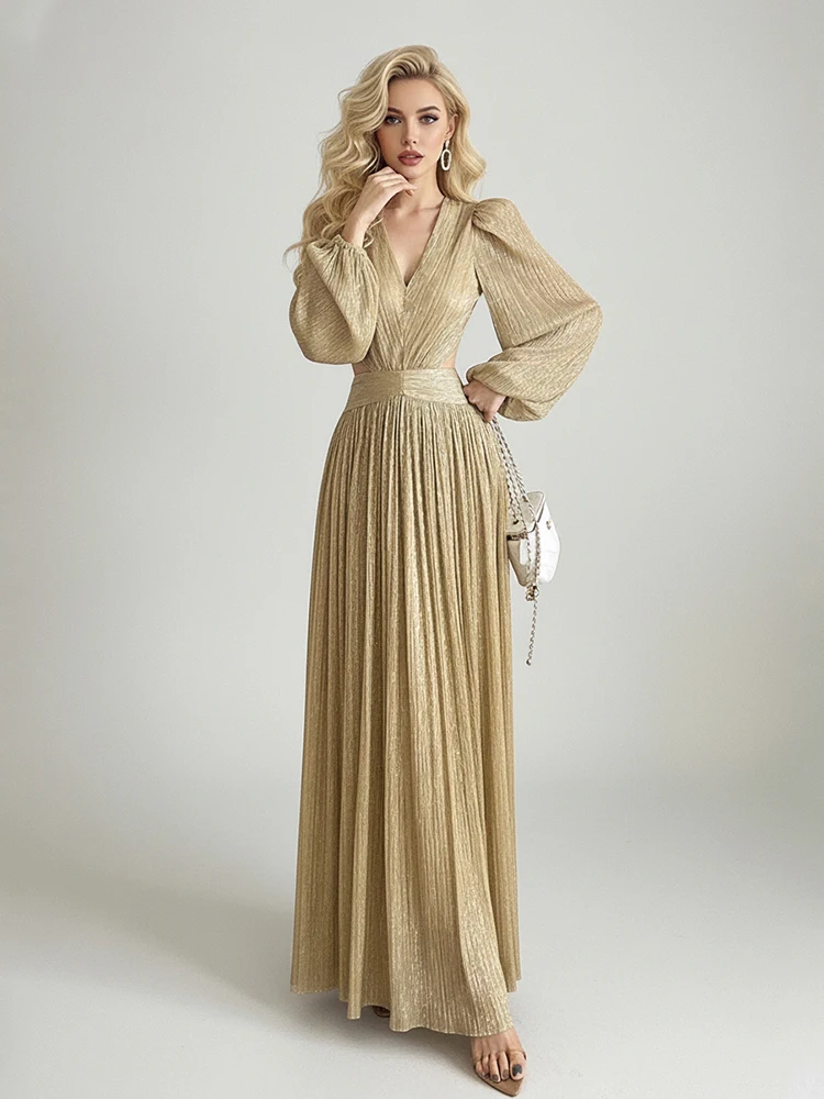 REDDACHiC Ren Fair Gold Glitter Party Dress V-Neck Lantern Sleeve Cut Out Waist Maxi Long Ball Gown Retro Victorian Costume