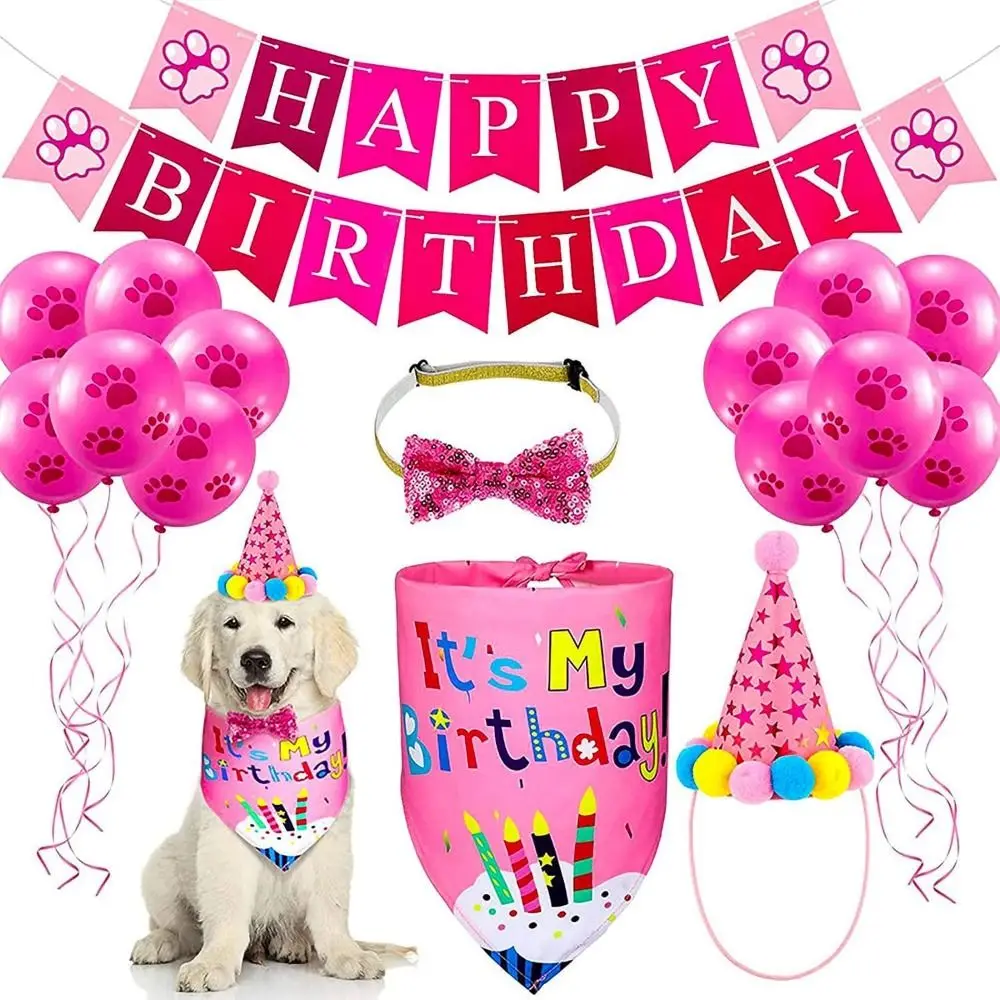

Cute Pet Birthday Party Set Decorative Cartoon Dog Birthday Bib and Party Hat Adjustable Dog Sequins Hat