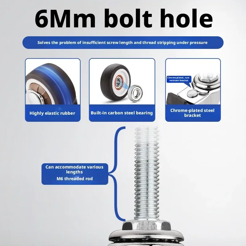 4 Pcs/Lot 1.5 Inch 6mm Hole Top Universal Wheel Furniture Roller Rubber Caster Silent Steering Extended M6 Screw