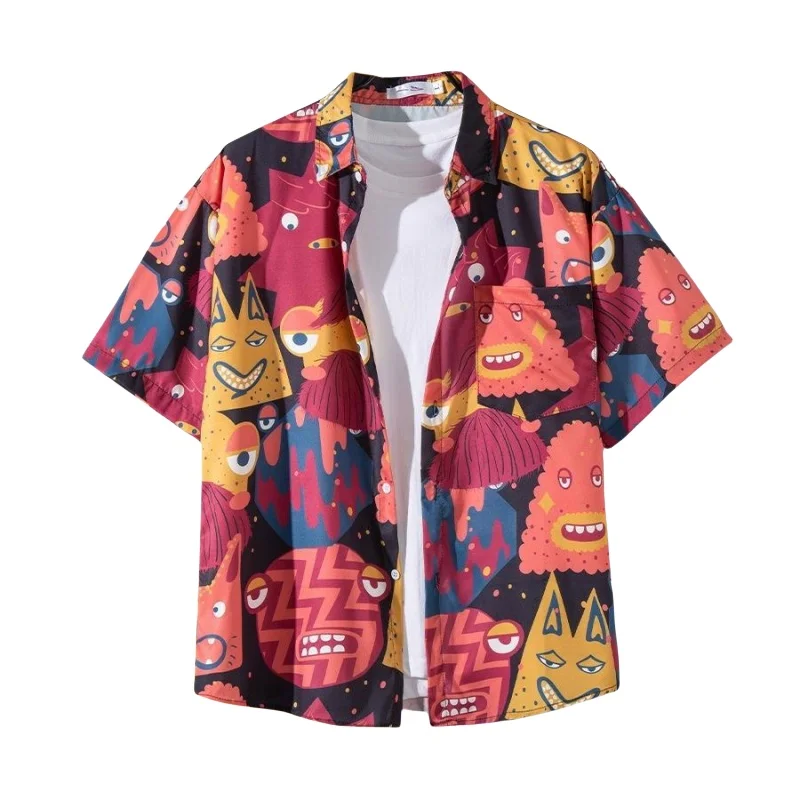 

Summer Men's Retro Hawaiian Seaside Printed Short Sleeve Shirt Loose Casual Handsome Beach Vacation Travel Floral Shirt Jacket