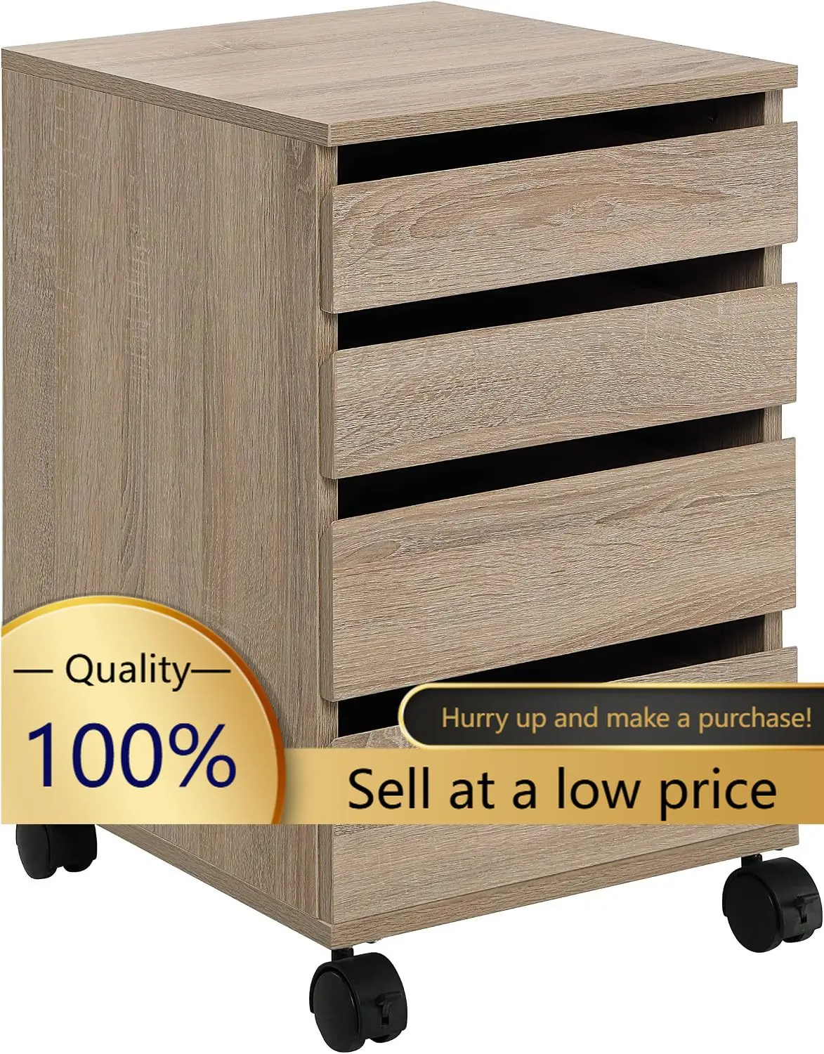 Holly 4-Drawer Mobile Storage Cart for Home Office, River Tan Oak Finish