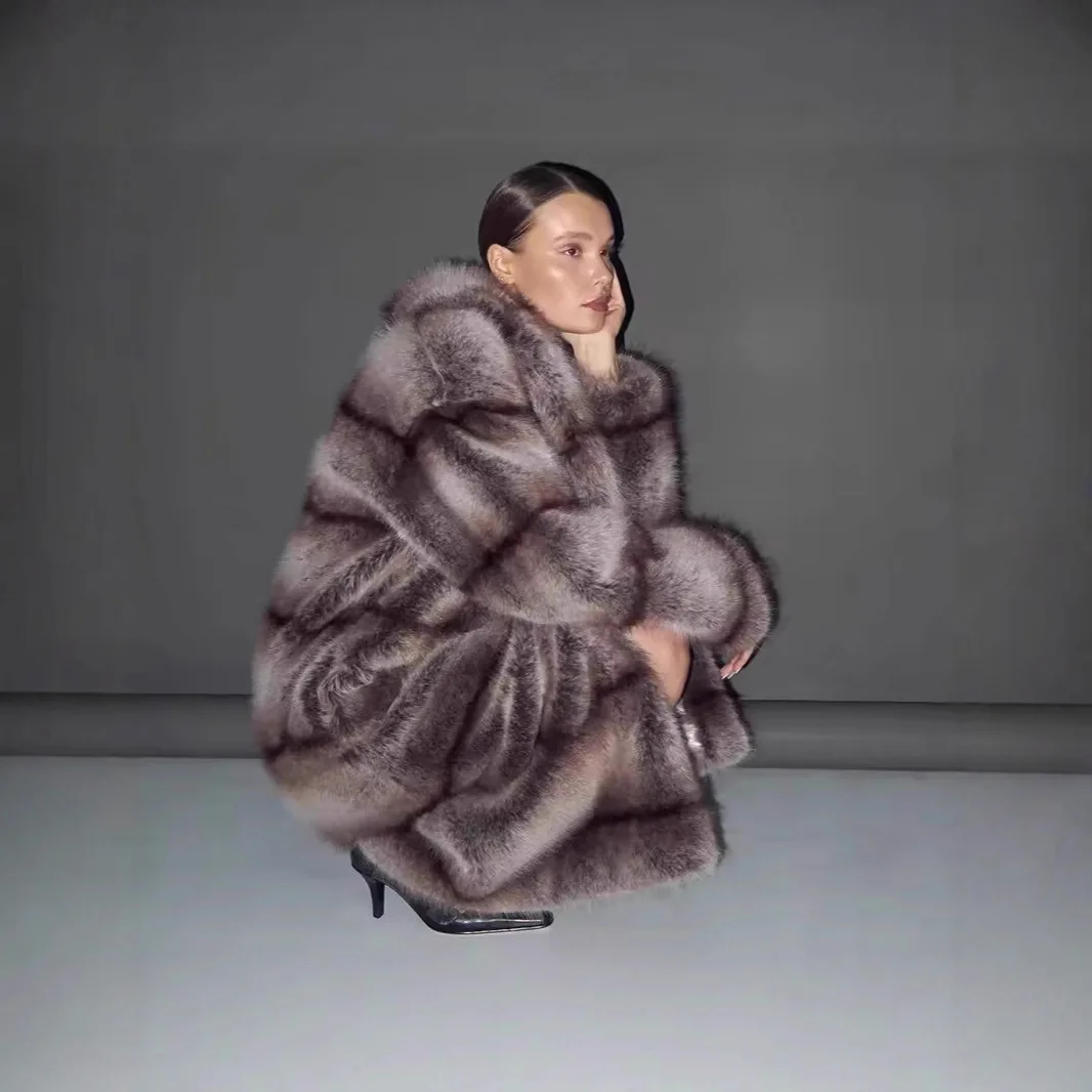 Abrigo largo de piel sintética con estampado para mujer, abrigo grueso elegante con cuello vuelto, chaquetas cálidas, abrigos sueltos para mujer, ropa de calle para invierno 2025