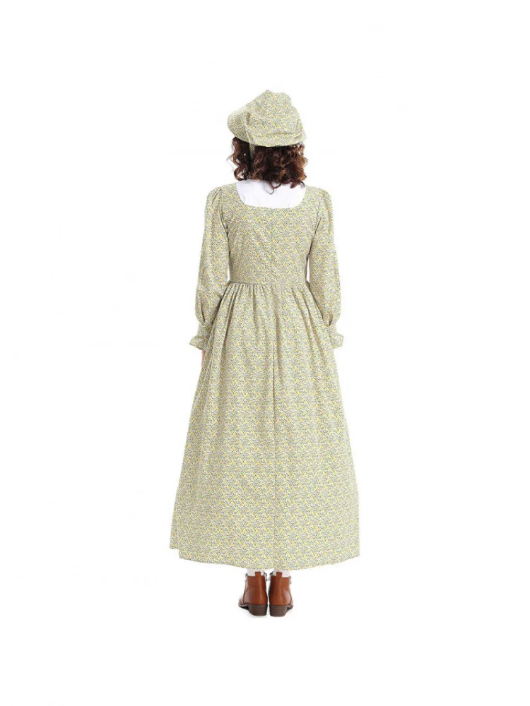 Grembiule Dr con stampa floreale gialla Costume Pioneer loween Performance sul palco Vita alta in poliestere Primavera Autunno Dr da donna