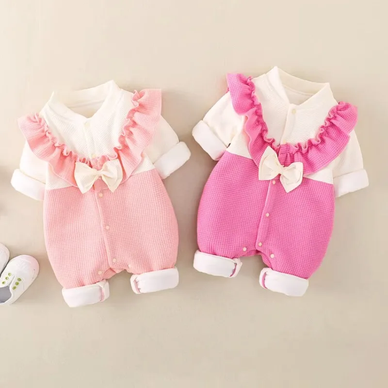 1-18 Months Baby Girl Romper Autumn  Winter New Style Pink Bow Thickened Jumpsuit Baby Girl Boutique Clothes Baby Outfit Set