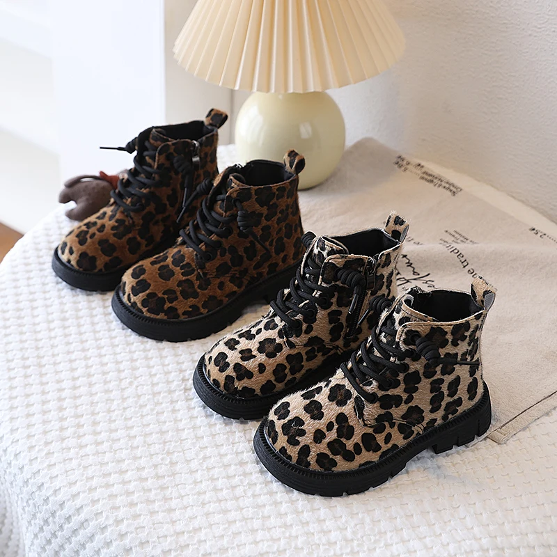 Kid's Shoes Retro Leopard Print Round Toe Children's Fashion Boots Anti-Slip Versatile Shoes for Girls New Style Kids Shoes