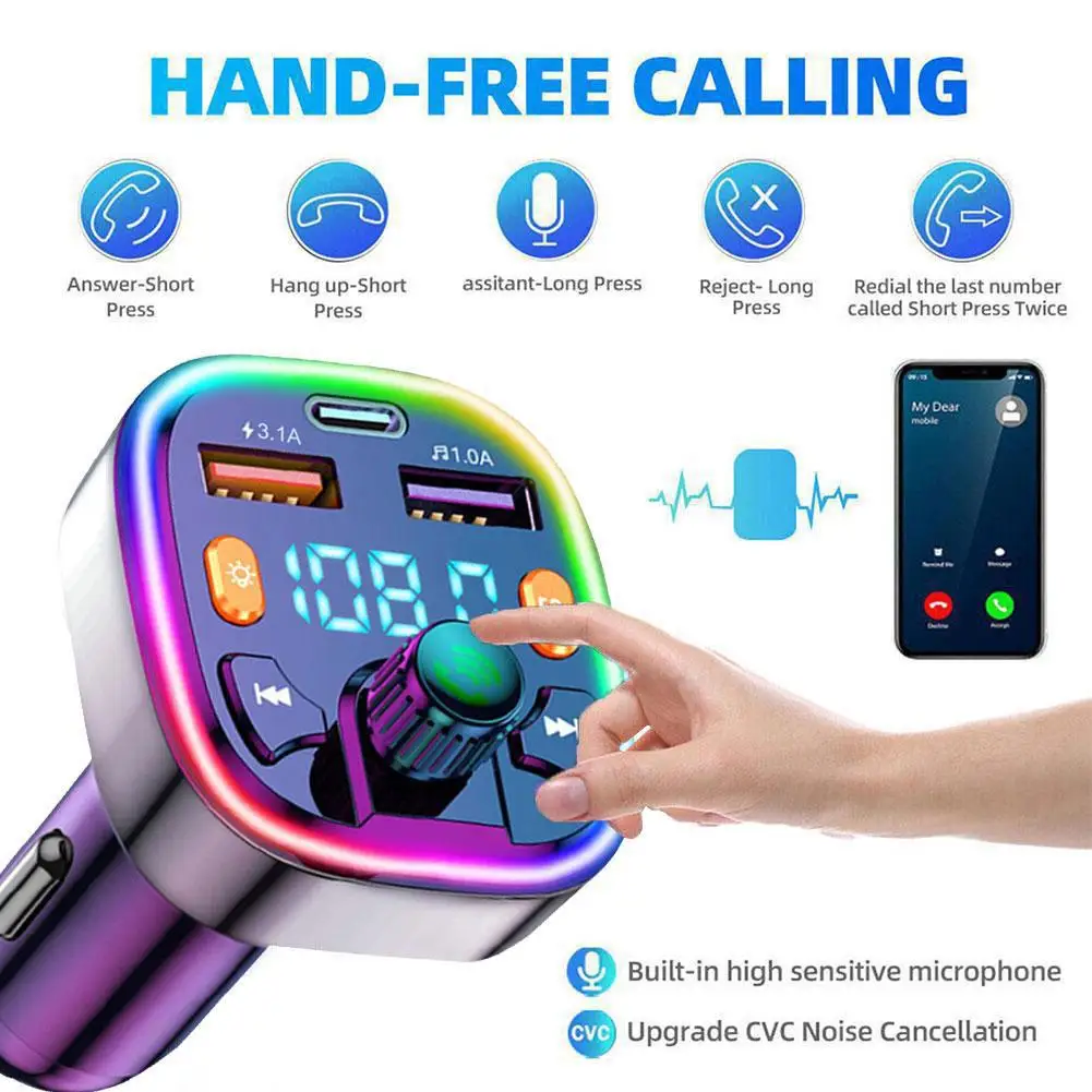 Car Bluetooth 5.0 FM Transmitter PD Type-C Dual USB MP3 Modulator Fast Colorful Handsfree Player 3.1A Light Charger Ambient H9V1