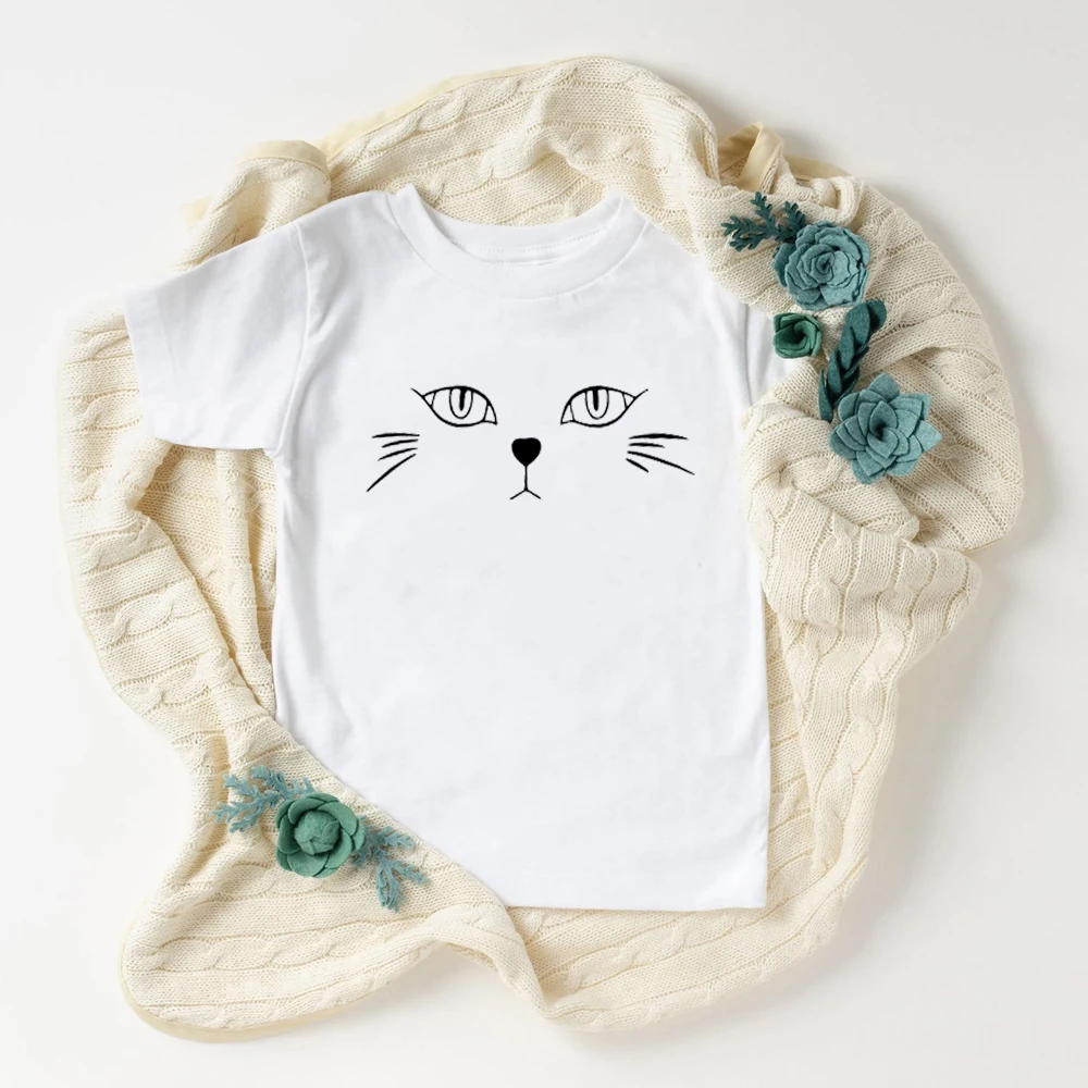 Милые рубашки для девочек, футболки с короткими рукавами и рисунком кота, повседневная хлопковая футболка с круглым вырезом, детские летние топы, одежда
