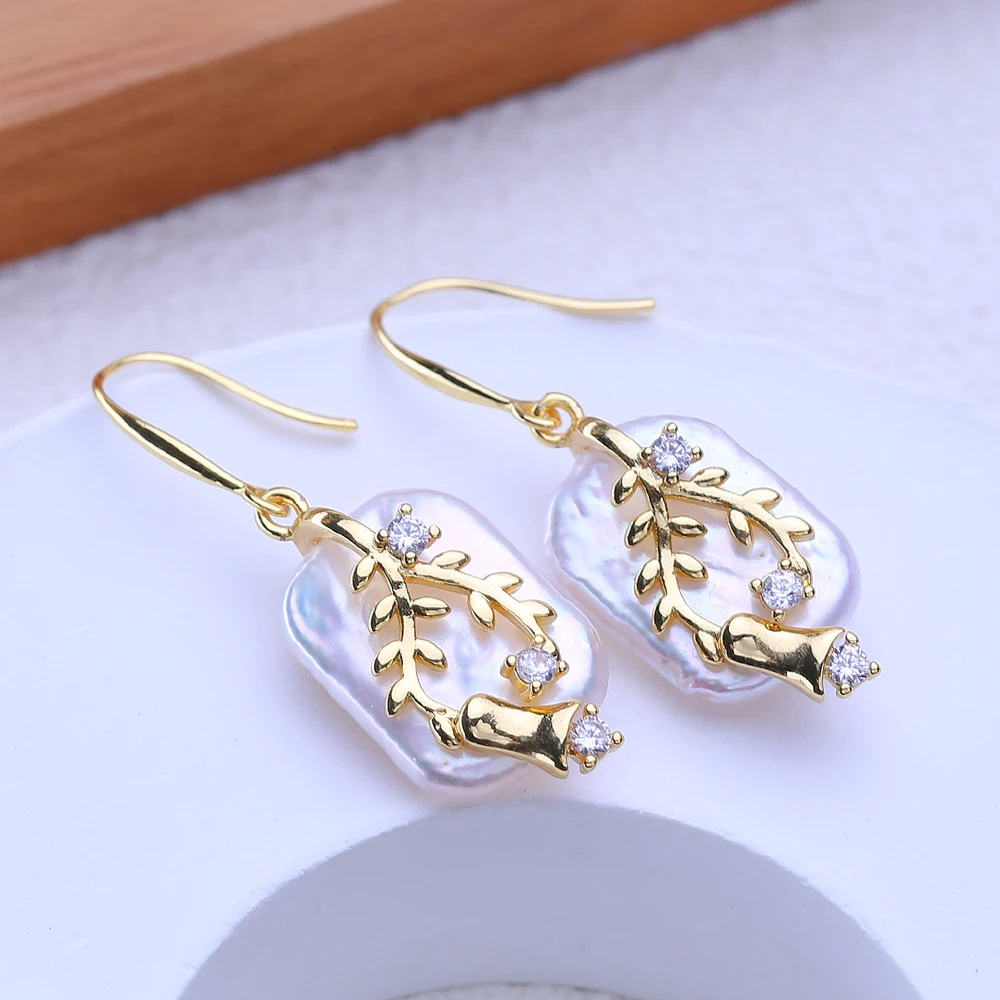 FENASY Natural Freshwater Big Baroque Pearl Gold Color Earrings For Women Fashion Party Wedding Jewelry Birthday Gift