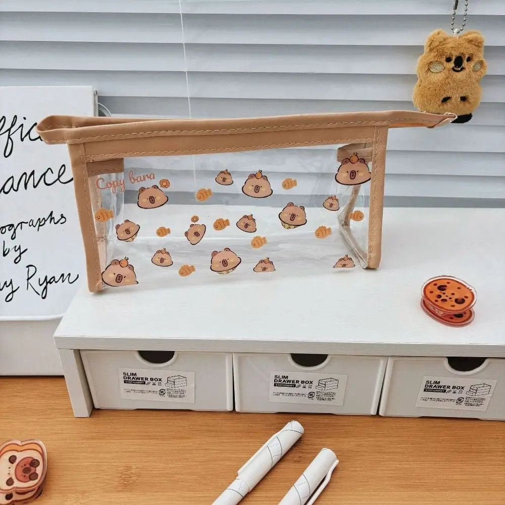 Desktop Organizer Kawaii Capybara Pencil Bag Aesthetic Cute Cartoon Pen Bag PVC Creative Stationery Bag School #1
