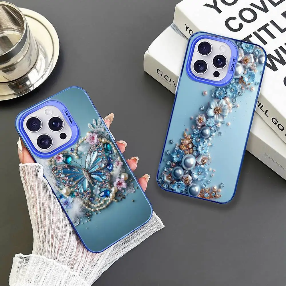

Luxurious butterfly and floral print Phone Case For iPhone 16,15,14,13,12,11,Mini,Pro,MAX Blue Matte Shockproof Cover