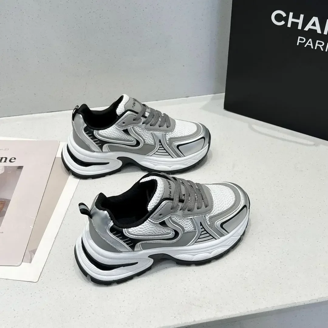

Thick-soled Heightening Shoes Women's Spring 2025 Versatile Casual Silver Retro Sneakers Breathable Running Shoes
