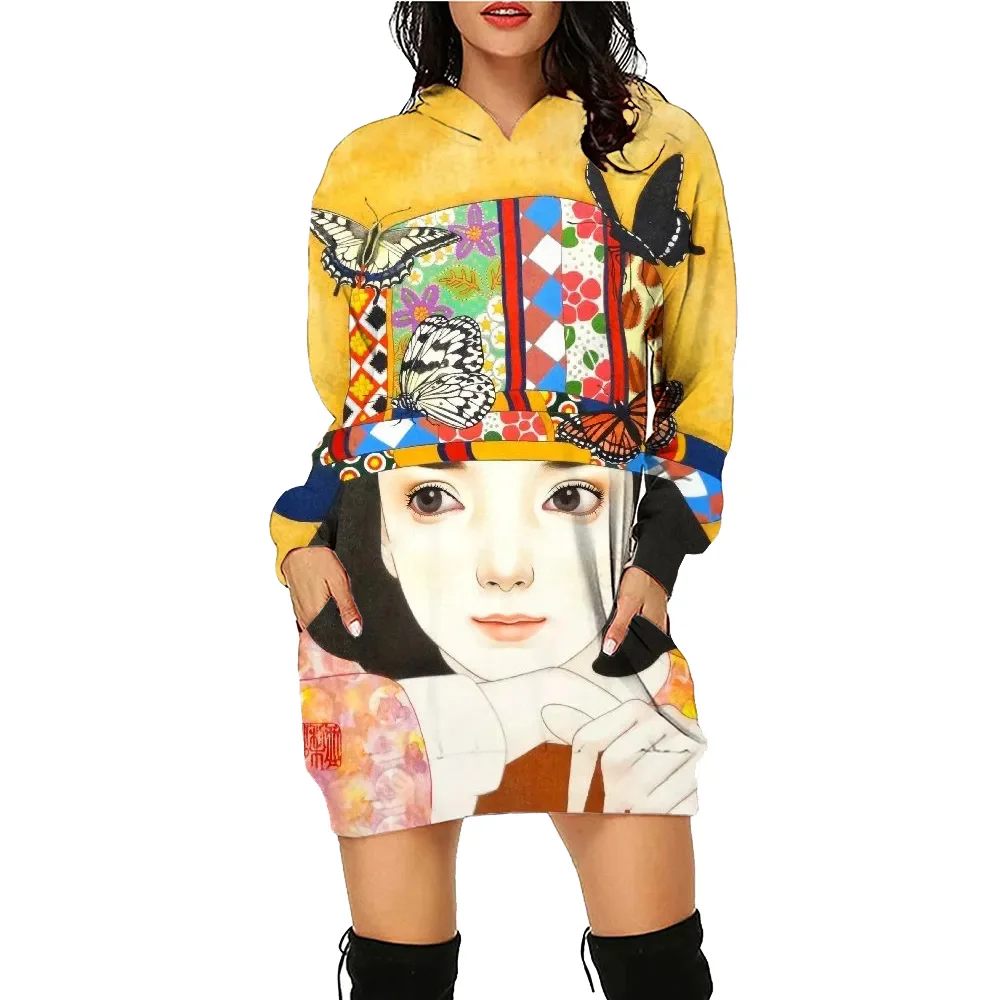 Butterfly Women Face Daily Printed Hoodie Dress Workout Hoodies Long Sleeve Pullover Autumn Winter Loose Tees Traf Vestido 