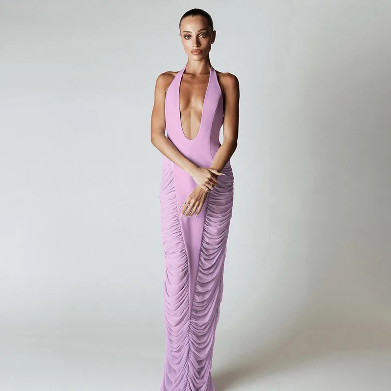 Vestido largo ajustado con cuello en V profundo para mujer, elegante, Sexy, fruncido, de malla transparente, de retazos, sin mangas, con cuello Halter y espalda descubierta