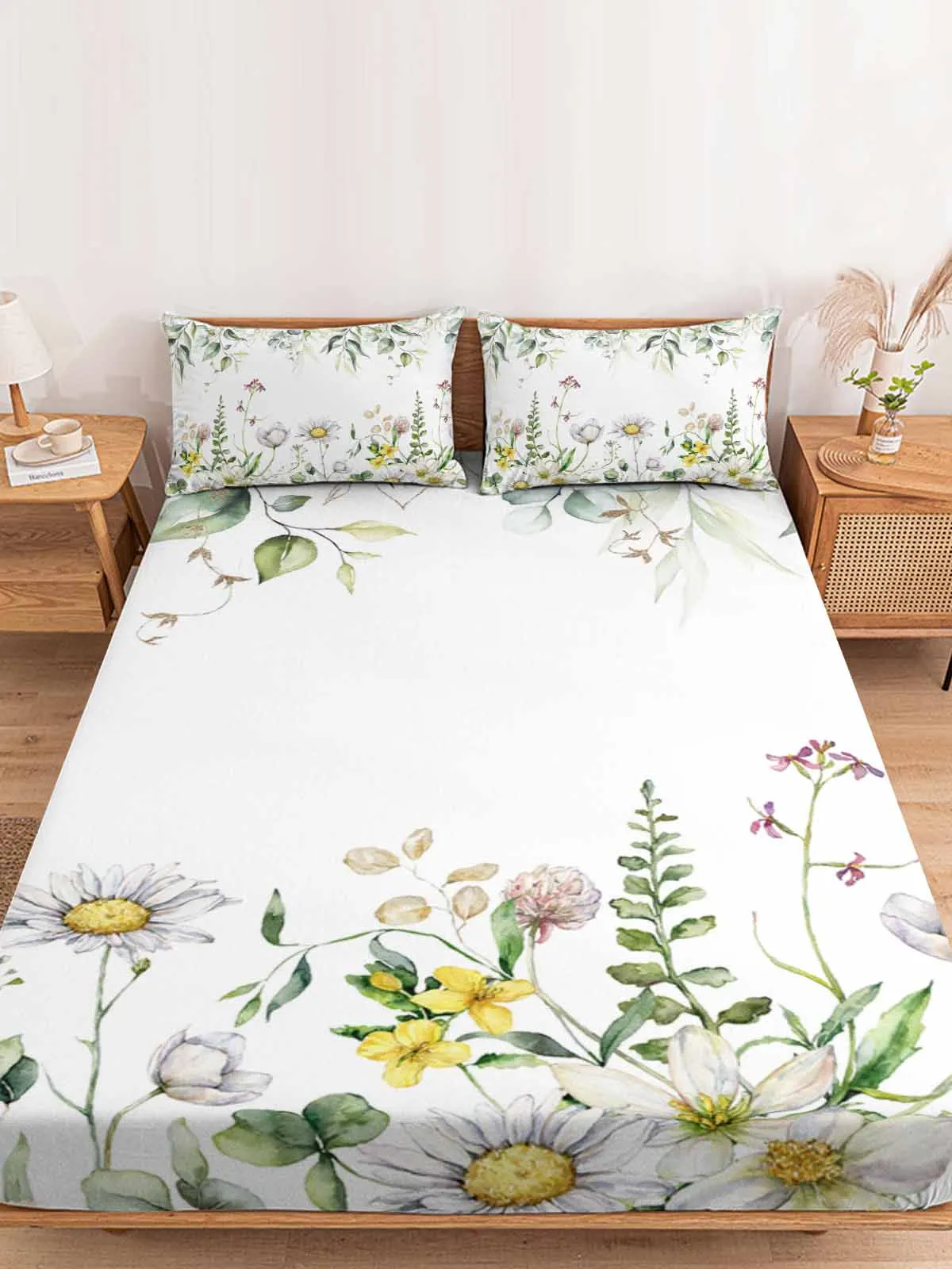 

Plant Chamomile Geranium Eucalyptus Bedding Fitted Sheet Set Elastic Band Mattress Cover King Size Bed Cover With Pillowcase