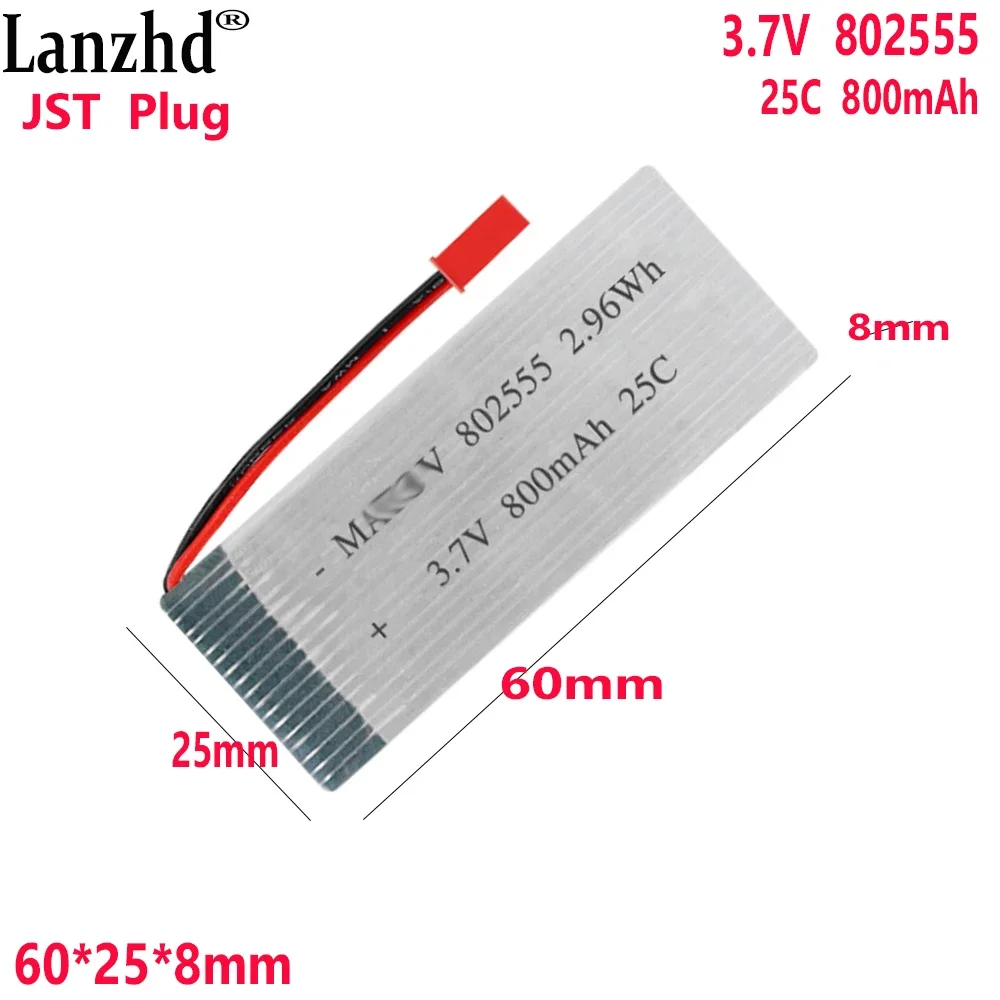 

3.7V Li polymer Lithium Battery 25C Rate 800mAh For Drone battery ship toy airplane model battery 802555 55*25*8mm With JST Plug