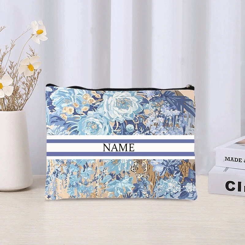 Luxury Custom Name Cosmetic Bag Floral Personalized Makeup Pouch Travel Lipstick Organizer Trendy Make Up Clutch Canvas Purse