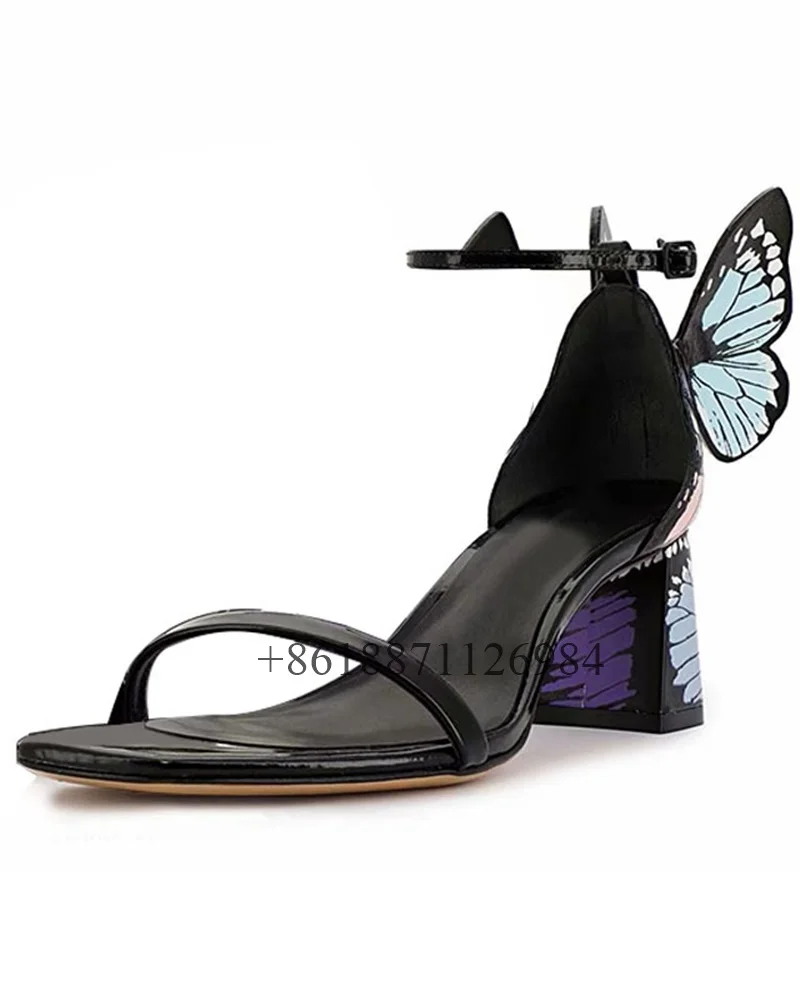 Patent Leather Black Ankle Strap Round Toe Women Sandals Summer 2024 With Butterfly Chunky Middle Heels Buckle Strap Design