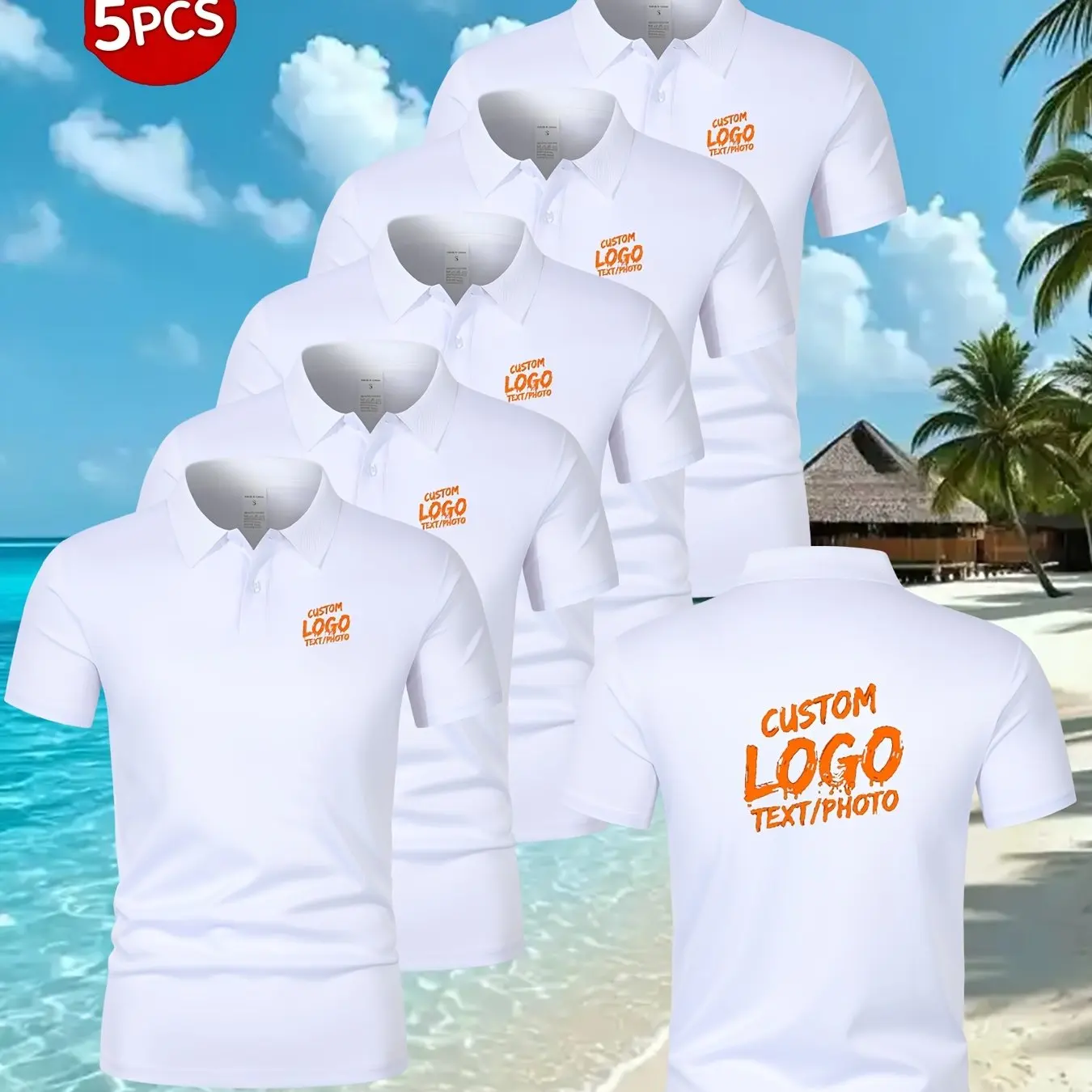 Set mit 5 personalisierbaren Sommer-Golfhemden für Herren, die mit Logos oder Text versehen werden können, ideal für Werbeaktionen im Geschäft und verschiedene Anlässe, Größe S. – Detail 1