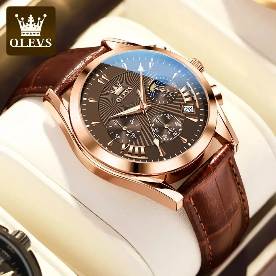 

OLEVS Fashion Quartz Watch for Men Leather Strap Men's Watches Waterproof Luminous Business Chronogragh Wristwatch Reloj Hombre