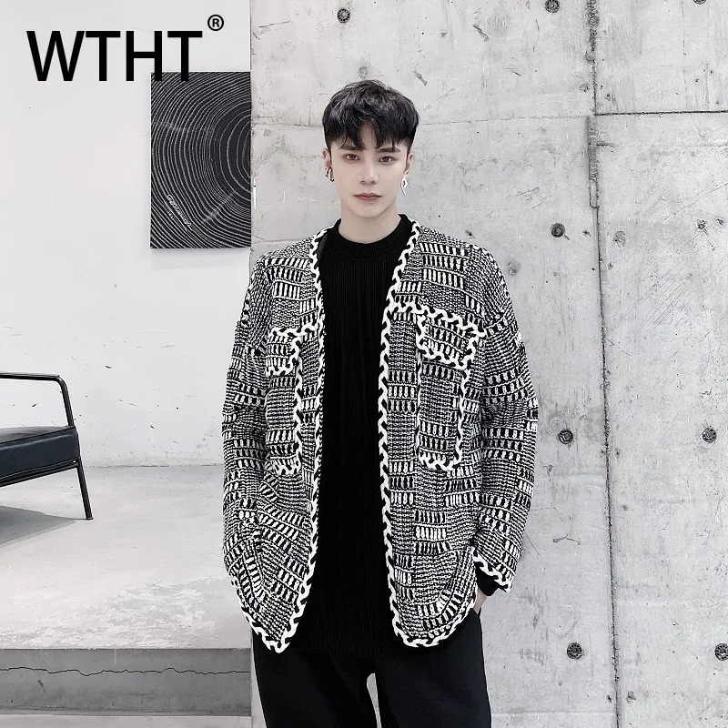 

WTHT модные осенние мужские куртки контрастного цвета с карманами в полоску, модные пальто во французском стиле с v-образным вырезом и высокой талией, мужские 2A1931