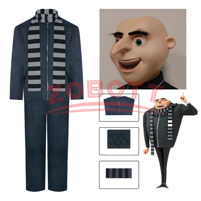 EE01 3PCS Movie Minions Despicable Me Gru Cos Costume Mask Halloween Party Performance Cosplay Costume Top+Pants+Scarf+MaskIo0！