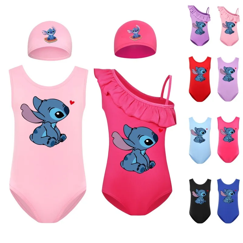 Summer Kawaii Girls One-piece Swimsuit Cartoon Lilo & Stitch Baby Swimming Cap Set Children Movement Outfit Learn To Swim Tops