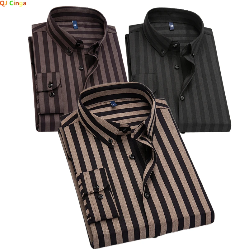 New Autumn Vertical Striped Long-sleeved Shirt Men\'s Fashionable Slim Dress Shirts Khaki Black Grey Camisa Male Chemise Masculin