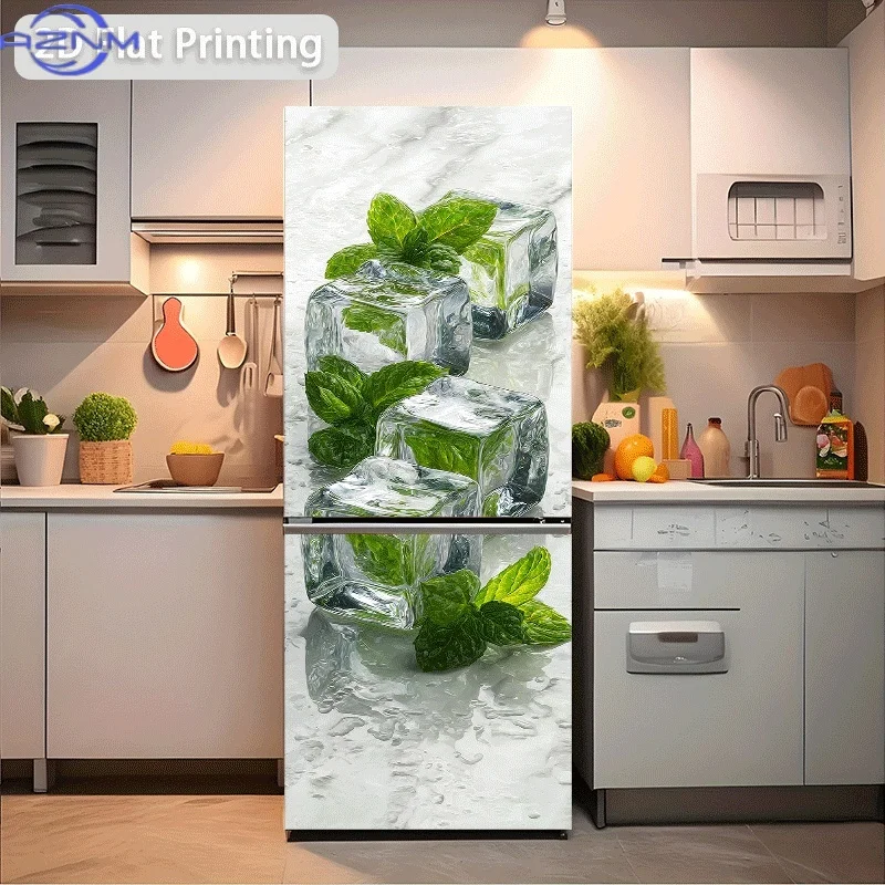 2D Flat Printing No 3D 1pc Refrigerator Sticker 60x180cm, Arrangement of Ice Cubes with Mint Leaves, Combination of Ice Cubes