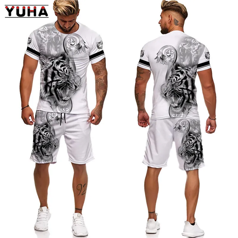 YUHA,Tiger King 3D Printed Men\'s T-shirt+Shorts Suit Unisex Cool Animal Summer O-Neck Tops Men/Women Couple Sport Wear Tracksuit