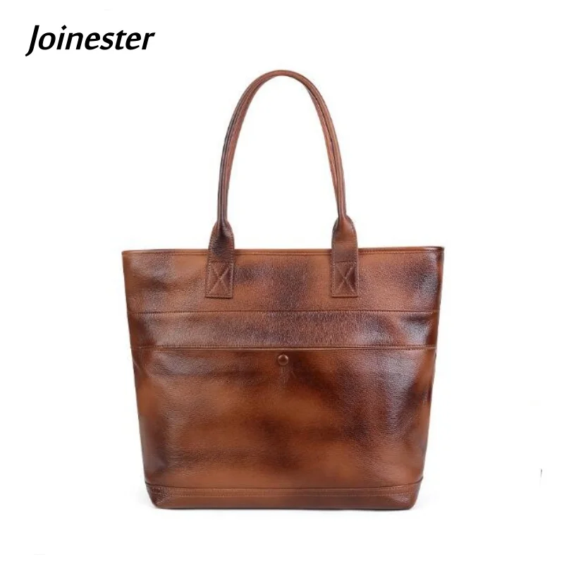 

Full Grain Cowhide Handbag Retro Style Pure Color Shoulder Bag for Ladies Genuine Leather Functional Leisure Large Tote