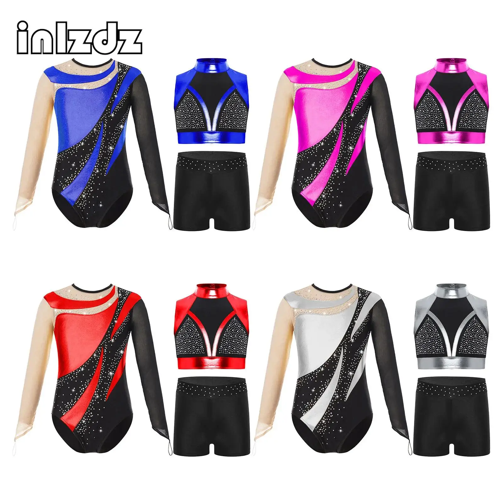 Traje de entrenamiento de gimnasia para niñas, traje de baile de patinaje artístico, Top corto metálico sin mangas con diamantes de imitación, pantalones cortos y leotardo, 3 uds.