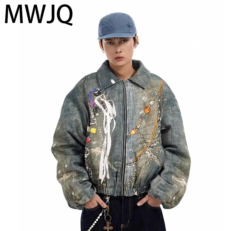 

MWJQ Нишевый дизайн с принтом, мужские потертые модные короткие утепленные пальто с лацканами в американском стиле, зима 2024, уличный стиль 010029