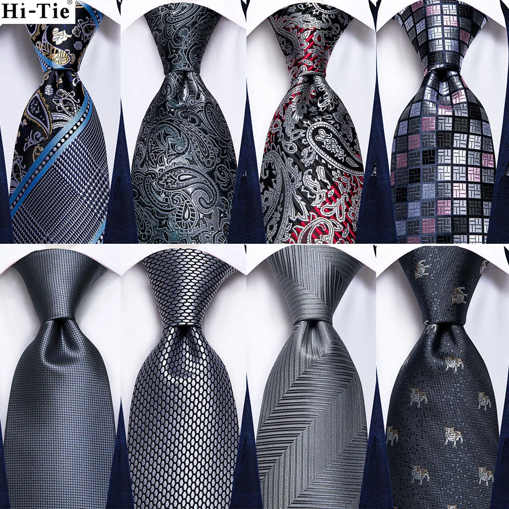 Grey Striped Paisley Silk Wedding Tie For Men Handky Cufflink Gift Mens Necktie Fashion Design Business Party Dropshiping Hi-Tie