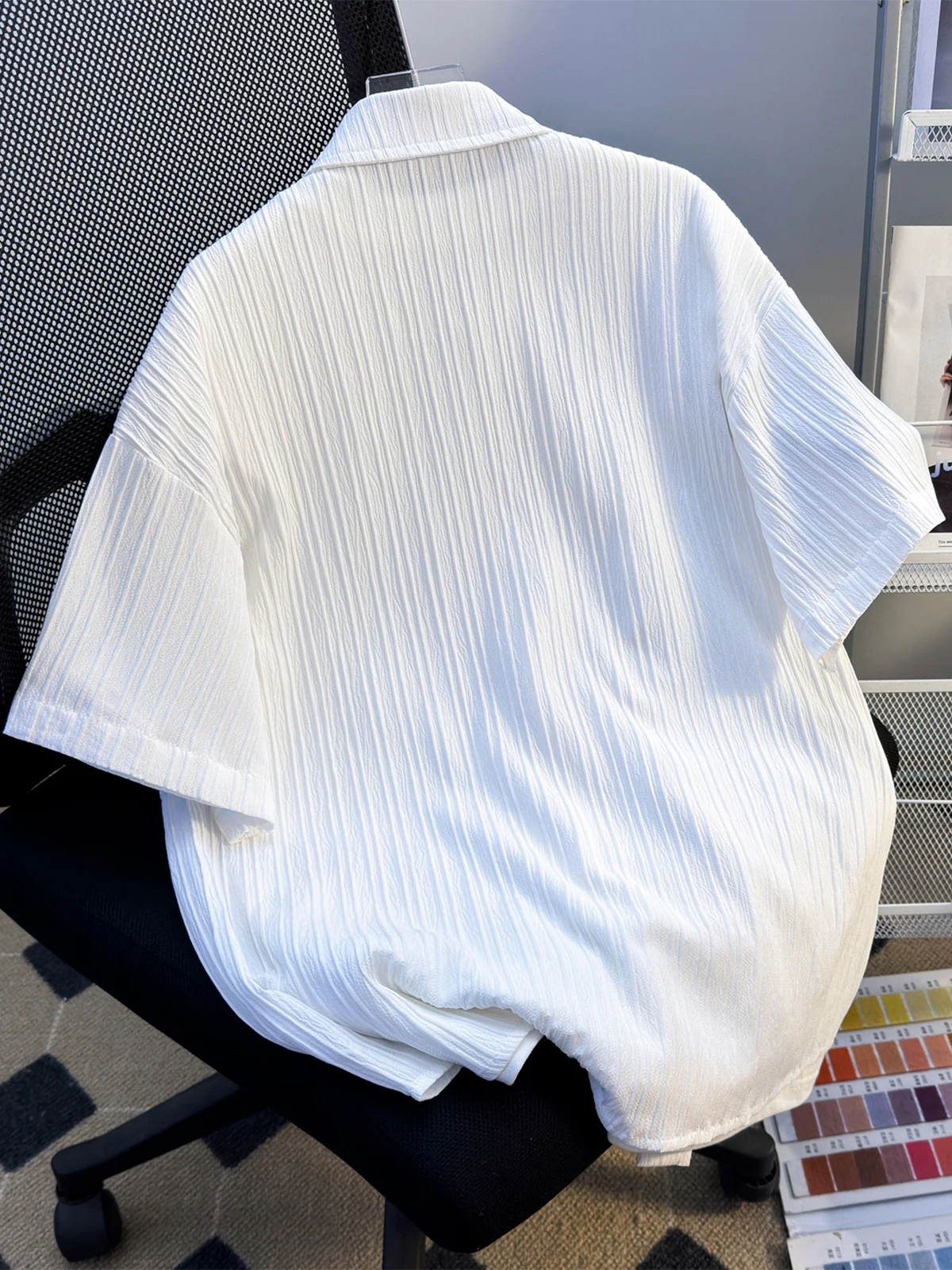 

Summer Thin Loose Ice Silk ort Sve irt Mens Simple Folded Texture f Sve Button up Casual Regular Fit Youth irt