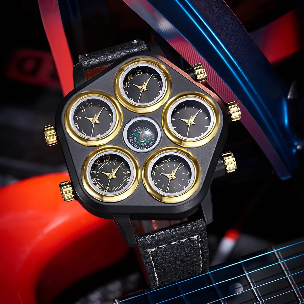 Nouvelle montre pour homme avec plusieurs fuseaux horaires, boussole, grand cadran, sport, mode, cuir, quartz, montre-bracelet, cadeau, Relogio Masculino