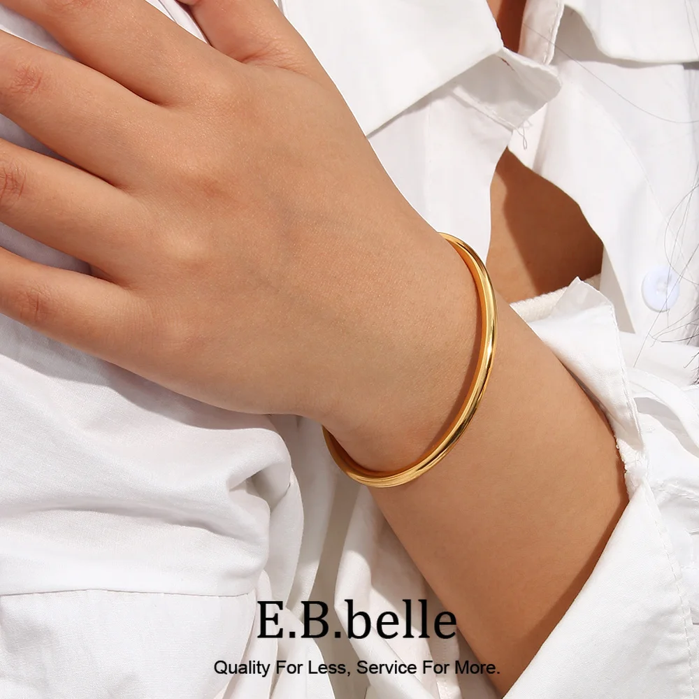 E.B.belle High Quality Glossy Stainless Steel Gold Plated Cuff Bangles Bracelets For Women Minimalist Basic Female Jewelry