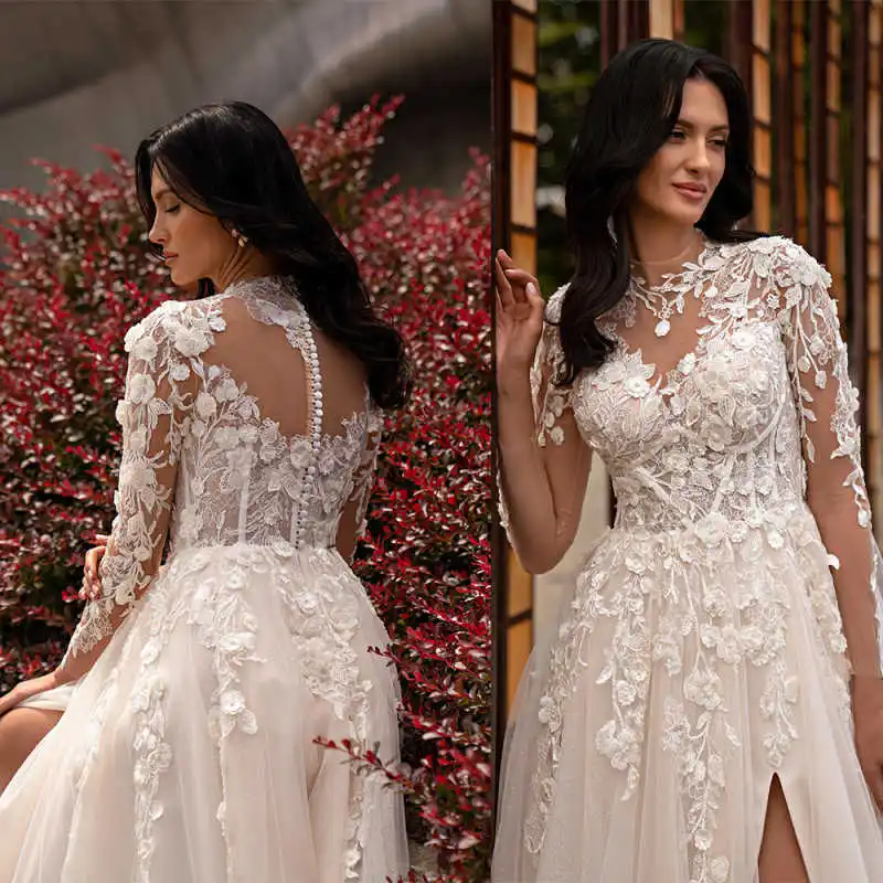 

Chic Elegant A-Line Bridal With Sleeveless Appliques Sequins Wedding Dresses Side High Split Plus Size For Special Ocn Vestido