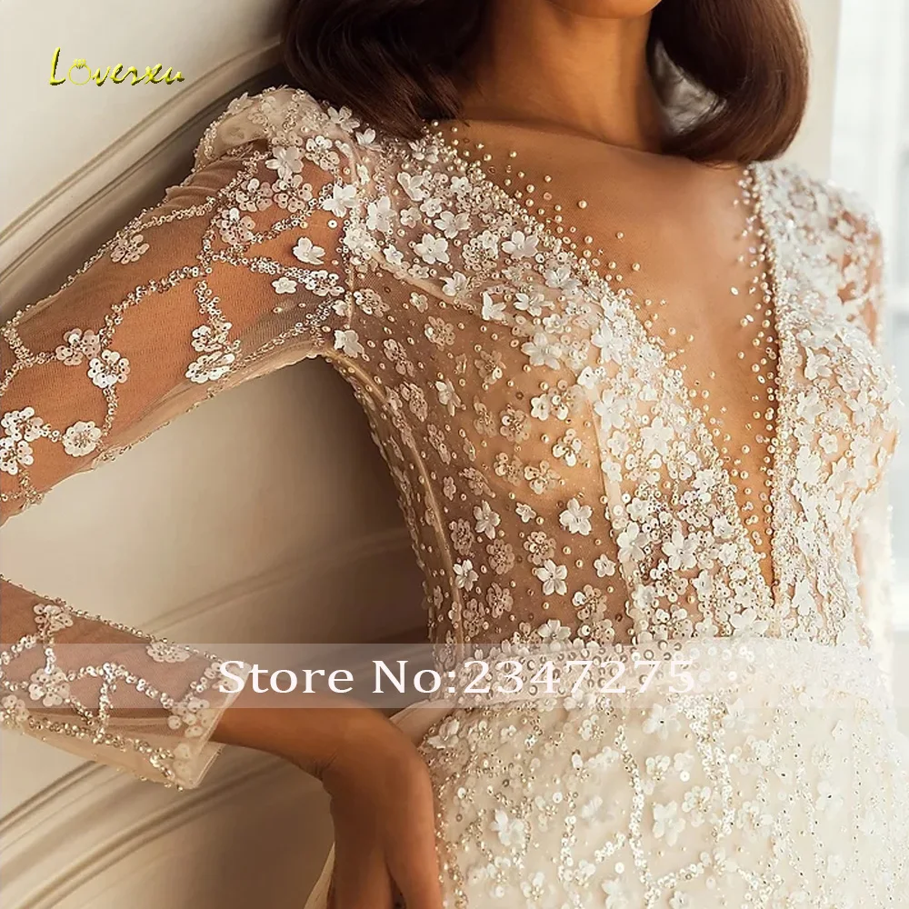 Loverxu sereia vestidos de casamento com decote em v manga longa vestido de novia renda bordado trem destacável feito sob encomenda vestido de noiva