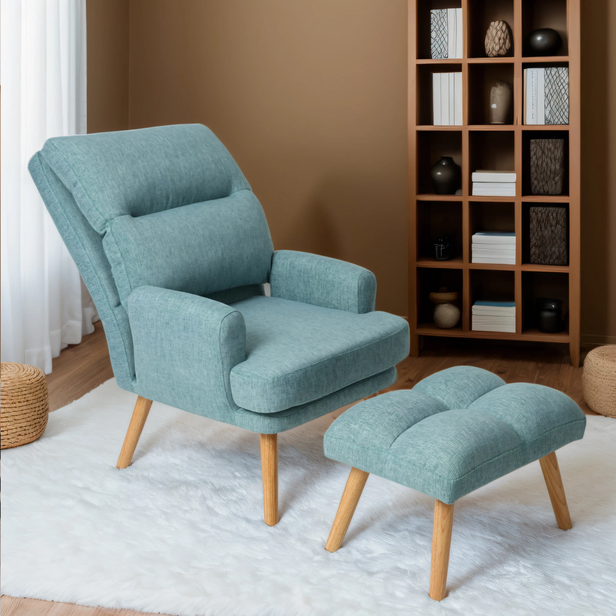 Accent Chair with Ottoman Set, Fabric Armchair with Wood Legs and Adjustable Backrest,Comfy Lounge Chair