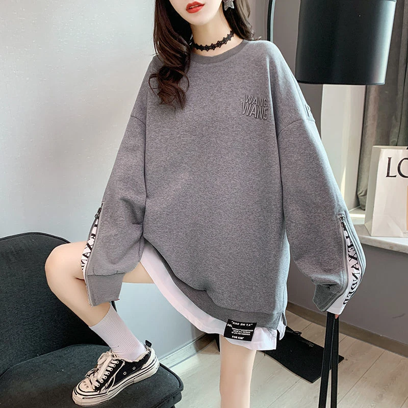 Pullovers Baggy Woman Clothing Grey Black Letter Printing Women\'s Sweatshirt Text Loose Aesthetic Autumn and Winter Top M Emo E