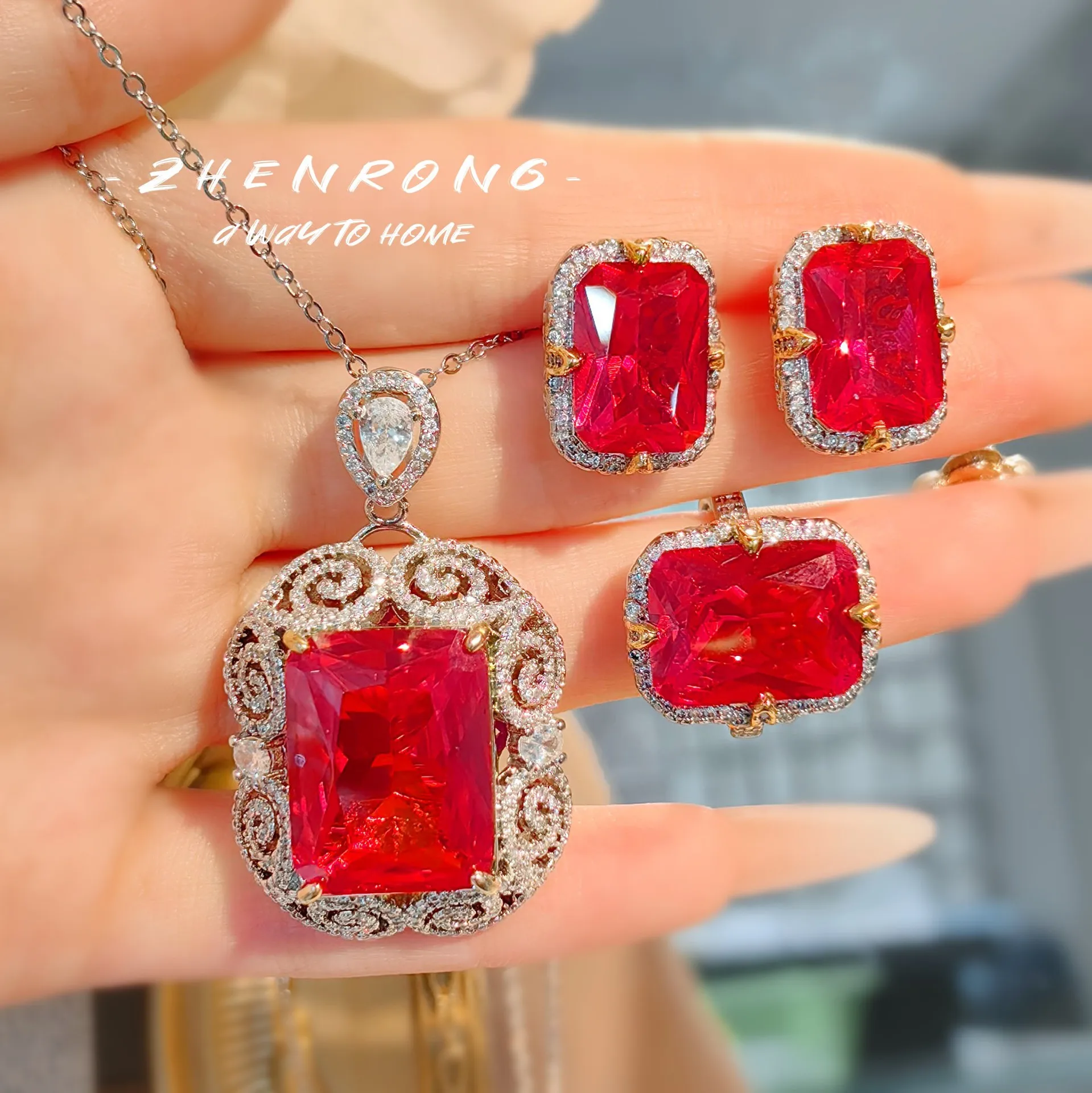 Exquisite Luxury Ruby Jewelry Sets Full Zircon Adjustable Rings Silver Color Chain Pendant Necklaces Earrings For Women Ladies