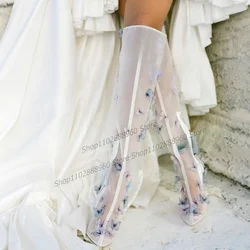 Knee High White Air Mesh Butterfly Decor Boots Stilettos High Heel Women Shoes Side Zipper Pointed Toe 2023 Zapatos Para Mujere