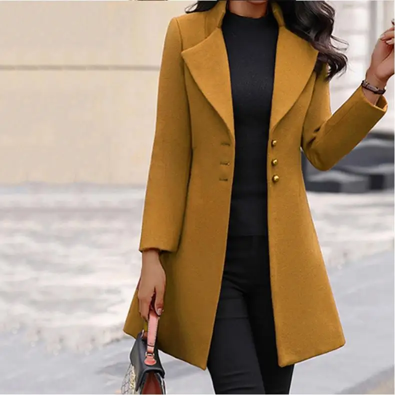 

Slimming Women's Woolen Coat Medium to Long Collar Thiened Winter Faion Pure Color Polyester Fiber Long Sve Outerwear