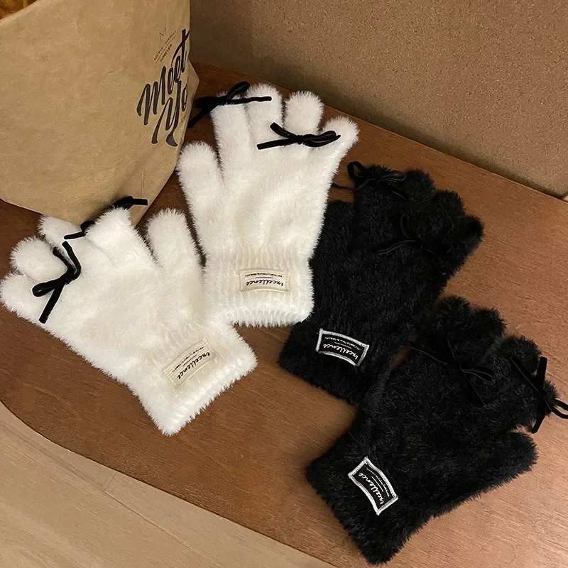 Kawaii Fur Winter Thickened Touch Screen Gloves Fullfinger Y2K Women Lolita Bow Tie Gloves Mittens JK Accessories New Year Gift