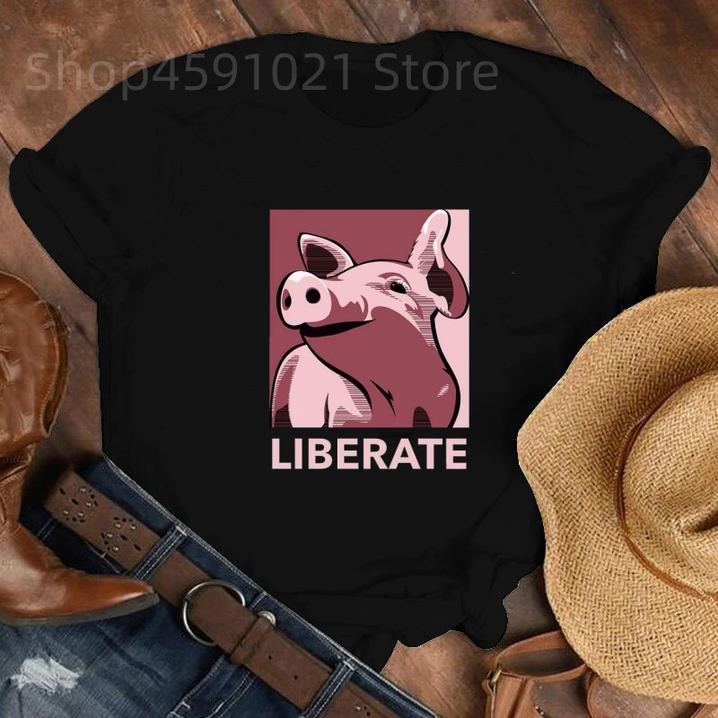 Aesthetic Vegan Animal Print Harajuku liberate Pig Top Women's T-shirt Casual ladies basic O-collar Short Sleeved T-shirts